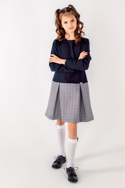 Платье для девочки полуприлегающего силуэта с складками Франтишка Ш-3215Э-22с-13-с78 темно-синий-белая-клетка - фото 3