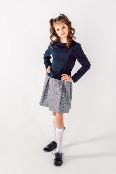 Платье для девочки полуприлегающего силуэта с складками Франтишка Ш-3215Э-22с-13-с78 темно-синий-белая-клетка - фото 2