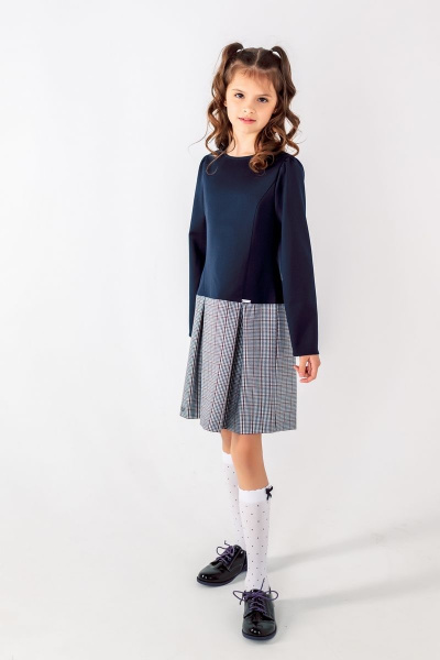 Платье для девочки полуприлегающего силуэта с складками Франтишка Ш-3215Э-22с-13-с78 темно-синий-белая-клетка - фото 1