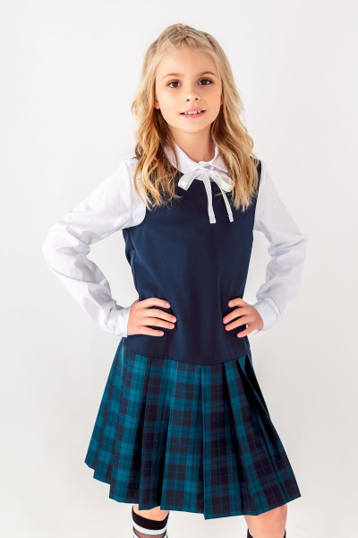 Сарафан для девочки полуприлегающего силуэта с складками Франтишка Ш-3224Э-22с-16-с78 темно-синий-зелёная-клетка - фото 2