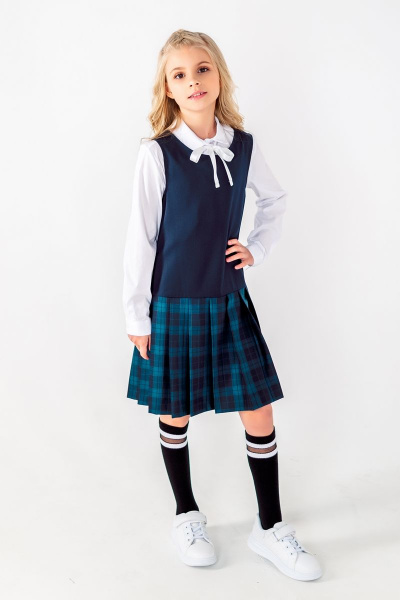 Сарафан для девочки полуприлегающего силуэта с складками Франтишка Ш-3224Э-22с-16-с78 темно-синий-зелёная-клетка - фото 3
