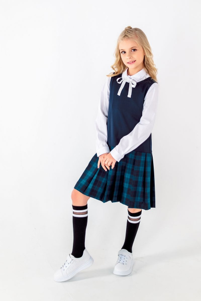 Сарафан для девочки полуприлегающего силуэта с складками Франтишка Ш-3224Э-22с-16-с78 темно-синий-зелёная-клетка - фото 1