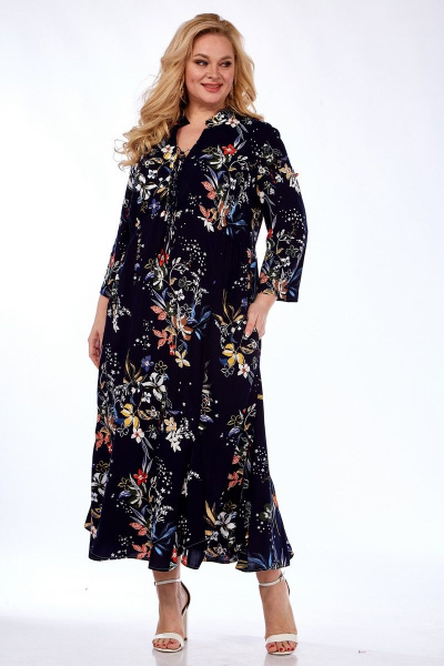 Длинное платье с принтом и карманами из натуральной вискозы Celentano lite 5001.2 темно-синий - фото 10