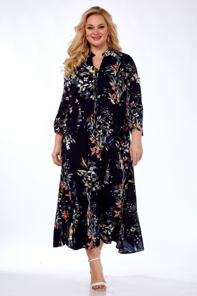 Длинное платье с принтом и карманами из натуральной вискозы Celentano lite 5001.2 темно-синий - фото 8