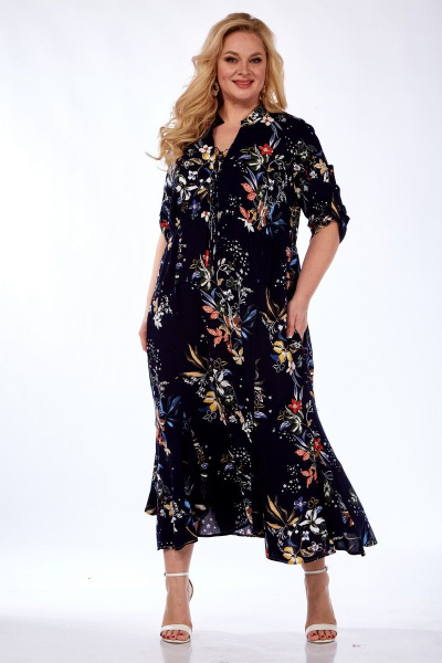 Длинное платье с принтом и карманами из натуральной вискозы Celentano lite 5001.2 темно-синий - фото 5