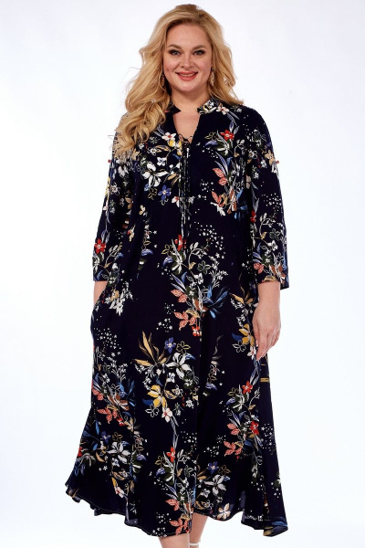 Длинное платье с принтом и карманами из натуральной вискозы Celentano lite 5001.2 темно-синий - фото 3