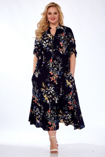 Длинное платье с принтом и карманами из натуральной вискозы Celentano lite 5001.2 темно-синий - фото 1