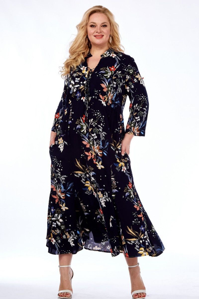 Длинное платье с принтом и карманами из натуральной вискозы Celentano lite 5001.2 темно-синий - фото 2