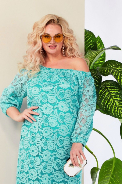 Платье кружевное прямого силуэта с регланом и резинками Anastasia 977 бирюза - фото 7