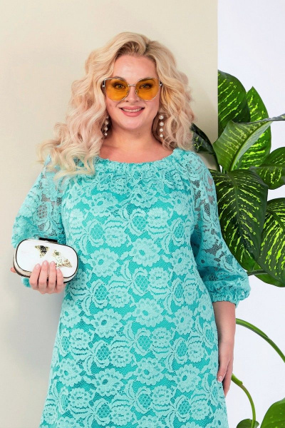 Платье кружевное прямого силуэта с регланом и резинками Anastasia 977 бирюза - фото 6