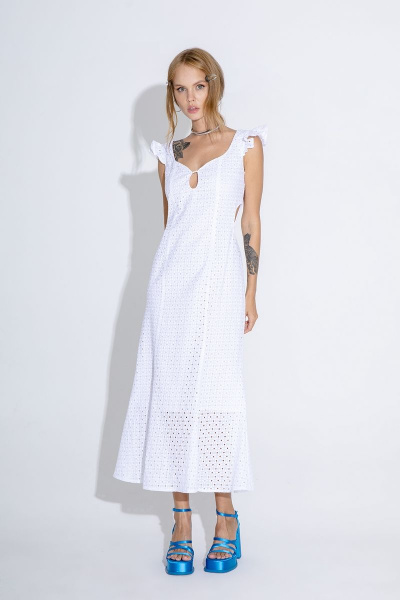 Миди-платье из хлопкового ришелье на высокой талии PiRS 4580 белый - фото 5
