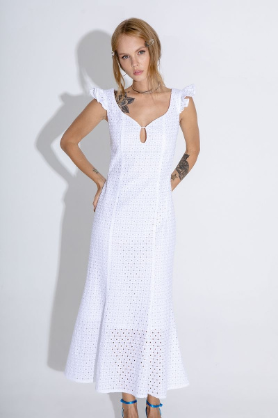 Миди-платье из хлопкового ришелье на высокой талии PiRS 4580 белый - фото 2