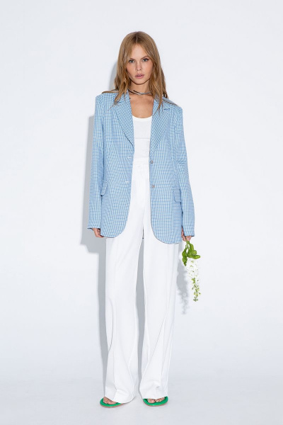 Клеточный жакет и брюки-палаццо из хлопка и текстиля PiRS 4584 голубой+белый - фото 2