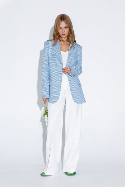 Клеточный жакет и брюки-палаццо из хлопка и текстиля PiRS 4584 голубой+белый - фото 1