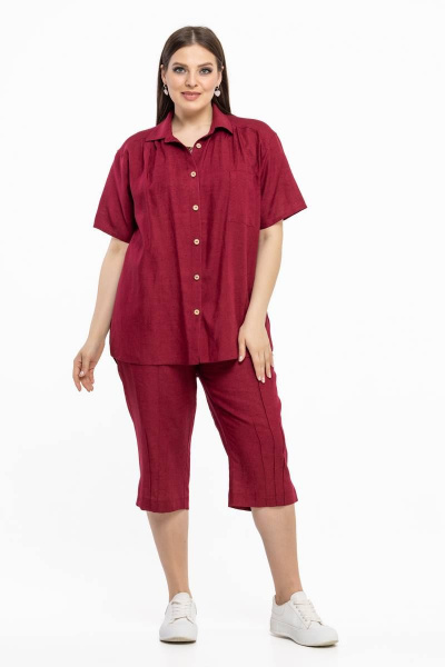Летний леняной костюм рубашка и капри для жарких дней Avila 0933 марсала - фото 3