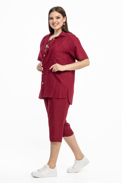 Летний леняной костюм рубашка и капри для жарких дней Avila 0933 марсала - фото 2