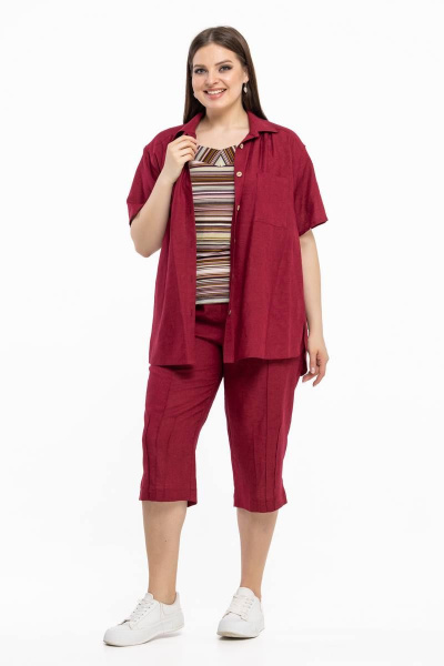 Летний леняной костюм рубашка и капри для жарких дней Avila 0933 марсала - фото 1
