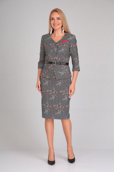 Костюм 2-ка жакет и юбка с отрезной баской из хлопка Gamma Gracia 197 черный-белая-полоска-красные-цветы - фото 2