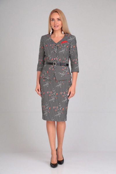 Костюм 2-ка жакет и юбка с отрезной баской из хлопка Gamma Gracia 197 черный-белая-полоска-красные-цветы - фото 1