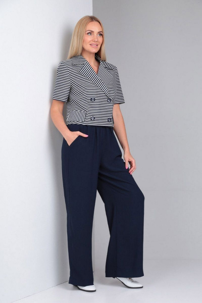 Костюм синий 2-ка из льна с укороченным жакетом и широкими брюками Gamma Gracia 537 синий-синий-белая-полоска - фото 3