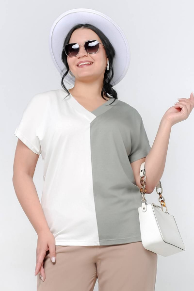 Летний свободный джемпер из вискозы с V-образным вырезом La rouge 3270 хаки-(молоко) - фото 1