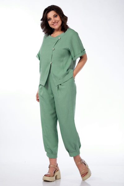 Летний брючный костюм из льна-вишера с жакетом Michel chic 1337 зеленый - фото 2