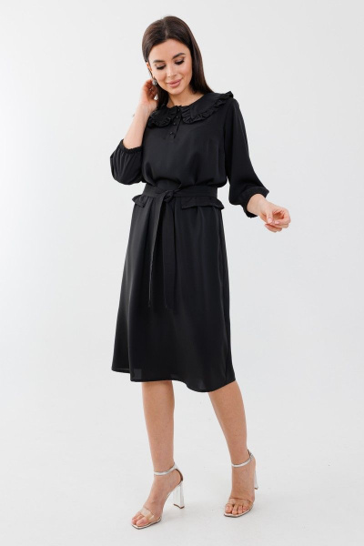 Платье из вискозы с отложным воротником и съемным поясом Anelli 1274 черный - фото 5