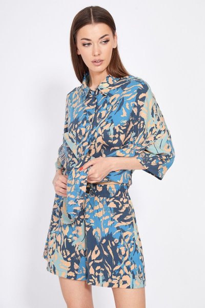 Комплект блуза оверсайз и шорты с накладными карманами EOLA 2367 персик_синий_беж - фото 9