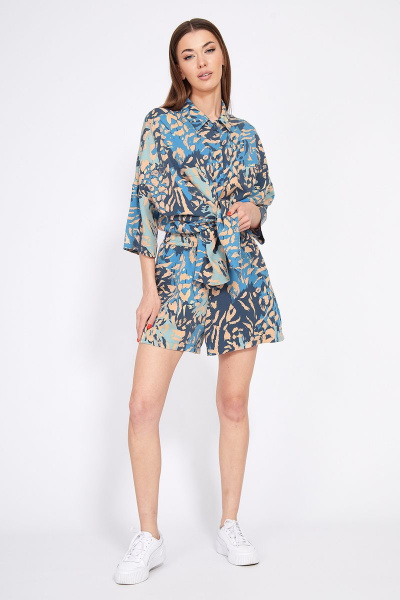 Комплект блуза оверсайз и шорты с накладными карманами EOLA 2367 персик_синий_беж - фото 8