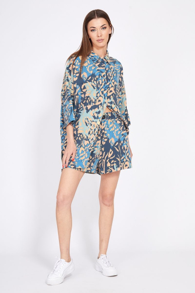 Комплект блуза оверсайз и шорты с накладными карманами EOLA 2367 персик_синий_беж - фото 7