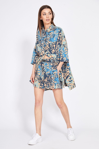 Комплект блуза оверсайз и шорты с накладными карманами EOLA 2367 персик_синий_беж - фото 1