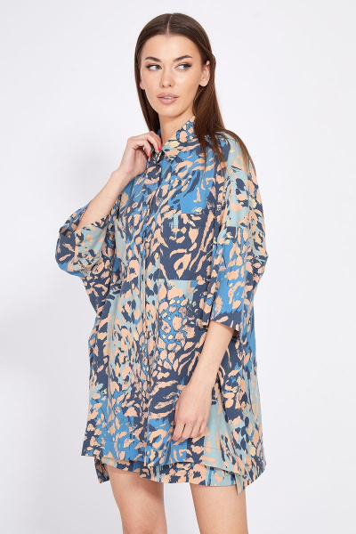 Комплект блуза оверсайз и шорты с накладными карманами EOLA 2367 персик_синий_беж - фото 5