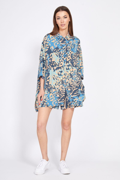 Комплект блуза оверсайз и шорты с накладными карманами EOLA 2367 персик_синий_беж - фото 4