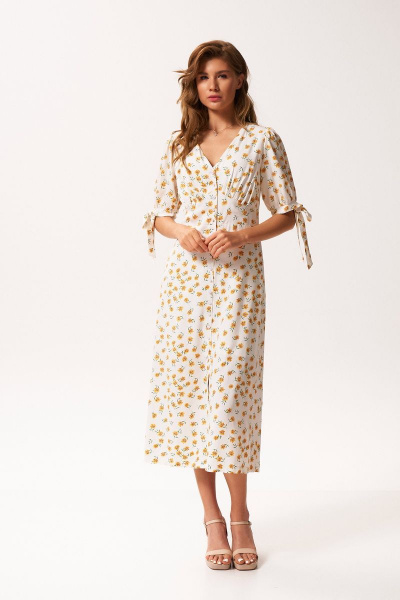 Платье из текстиля с глубоким V-образным вырезом и сборкой KaVaRi 1042 молоко_ромашка - фото 2