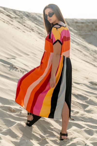 Платье свободное из вискозы с вырезом и разрезами Luna 091 полоска-черный - фото 14