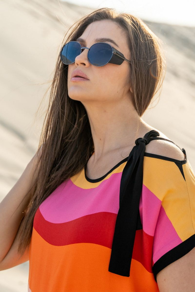 Платье свободное из вискозы с вырезом и разрезами Luna 091 полоска-черный - фото 12