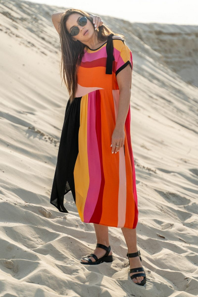 Платье свободное из вискозы с вырезом и разрезами Luna 091 полоска-черный - фото 10