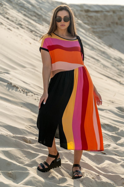 Платье свободное из вискозы с вырезом и разрезами Luna 091 полоска-черный - фото 9