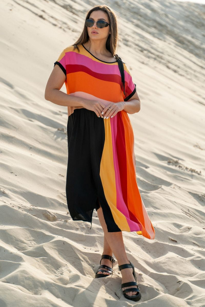 Платье свободное из вискозы с вырезом и разрезами Luna 091 полоска-черный - фото 8