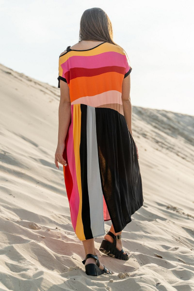 Платье свободное из вискозы с вырезом и разрезами Luna 091 полоска-черный - фото 2