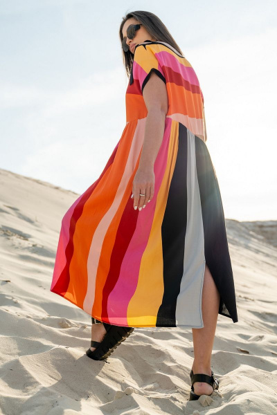 Платье свободное из вискозы с вырезом и разрезами Luna 091 полоска-черный - фото 6