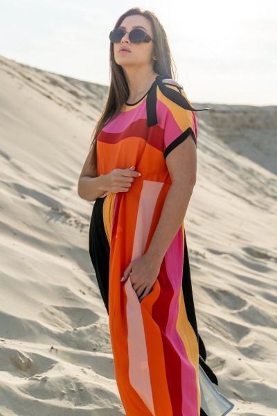 Платье свободное из вискозы с вырезом и разрезами Luna 091 полоска-черный - фото 4