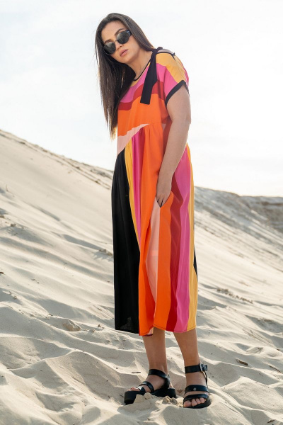 Платье свободное из вискозы с вырезом и разрезами Luna 091 полоска-черный - фото 3