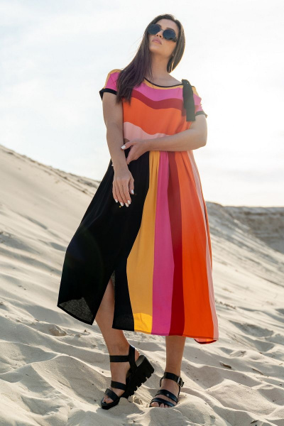 Платье свободное из вискозы с вырезом и разрезами Luna 091 полоска-черный - фото 1