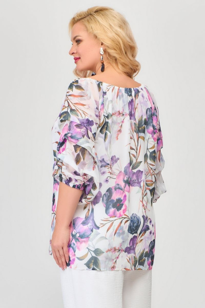 Летняя шифоновая блуза с объемным рукавом и драпировкой Svetlana-Style 1685 белый+цветы - фото 2