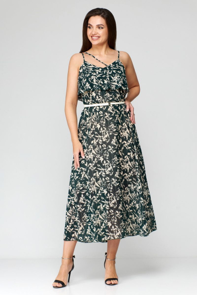 Зеленое шифоновое летнее платье с ремнем Мишель стиль 1131 зелено-бежевый - фото 1