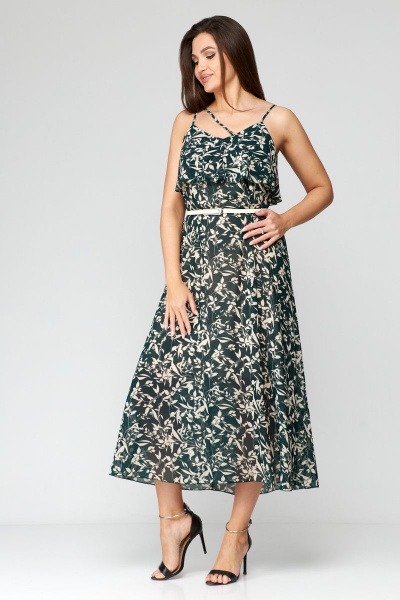 Зеленое шифоновое летнее платье с ремнем Мишель стиль 1131 зелено-бежевый - фото 7