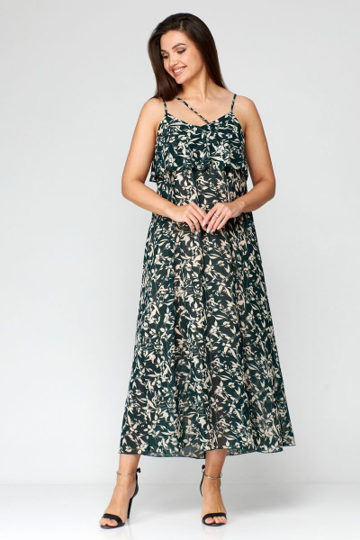 Зеленое шифоновое летнее платье с ремнем Мишель стиль 1131 зелено-бежевый - фото 3