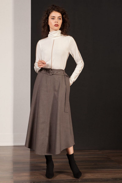 Юбка высокого плеча из костюмной ткани с поясом Nova Line 3539 коричневый - фото 1