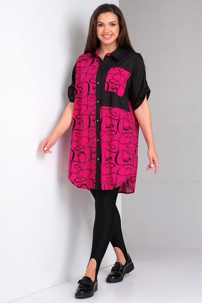 Рубашка-тунка свободного кроя с воротником стойкой и регулируемым рукавом Таир-Гранд 62360 малиновый - фото 1